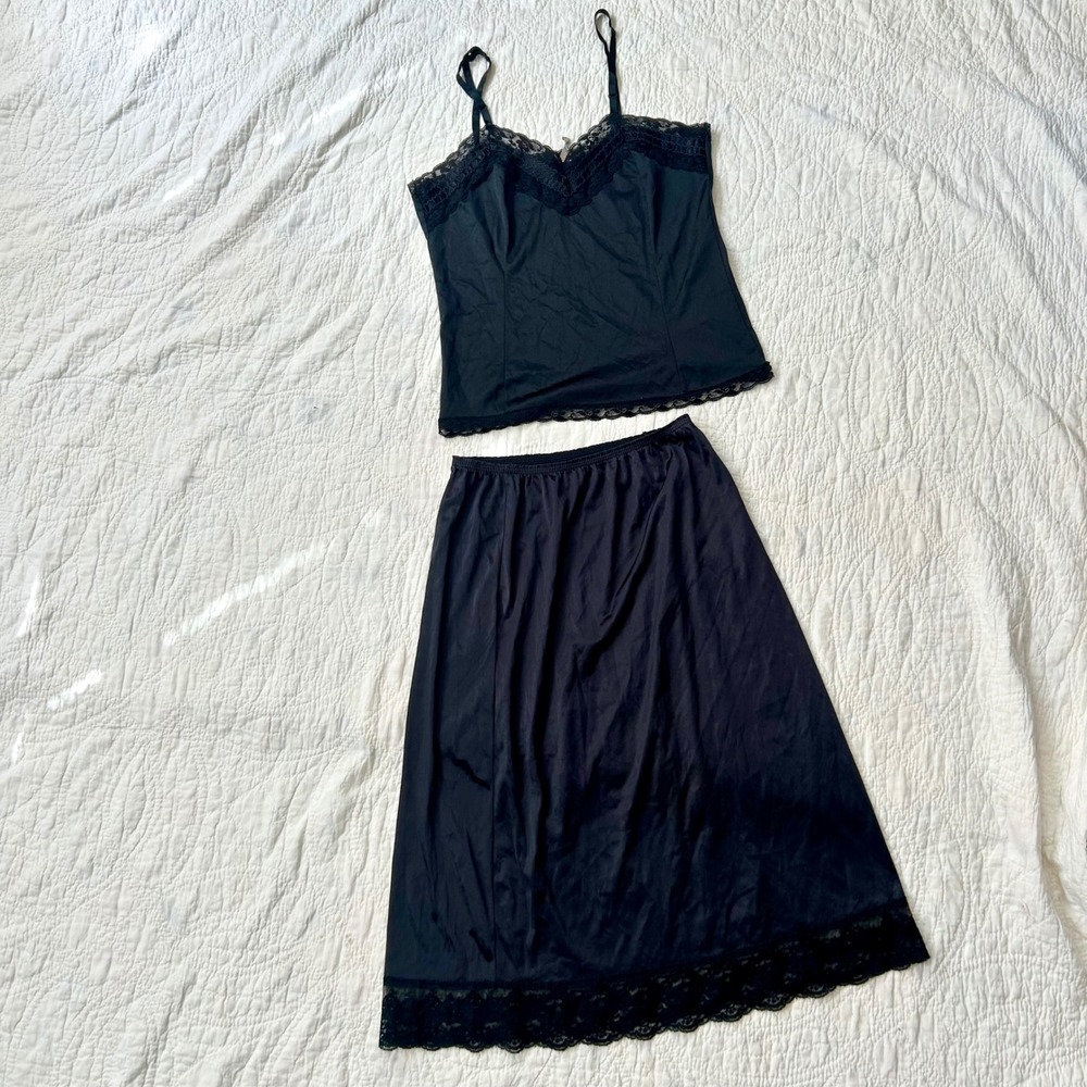 Vintage 70s Black Lace Trim Cami and Half Slip Lingerie Set Nylon 2 Piece